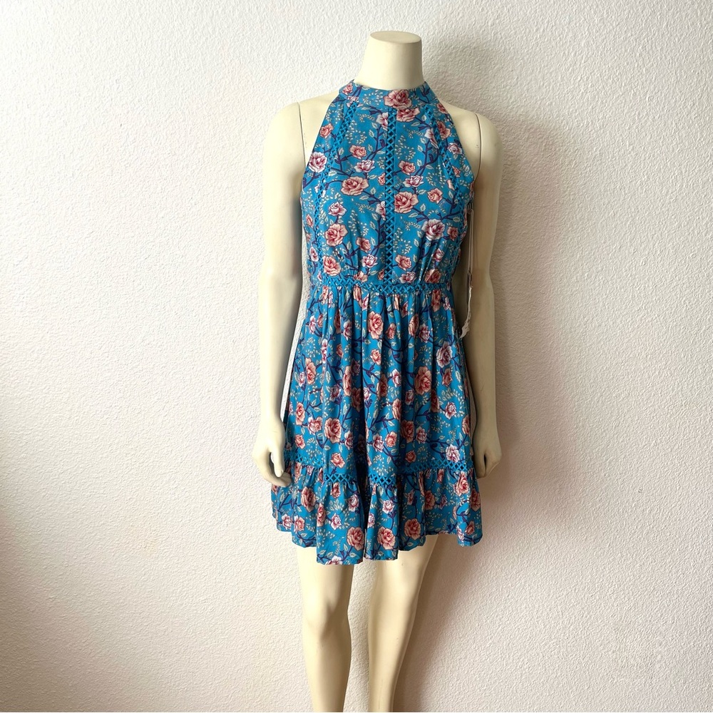 Sunday Mi Amor Floral Halter Neck Sleeveless Open Back Mini Dress Blue Swing S